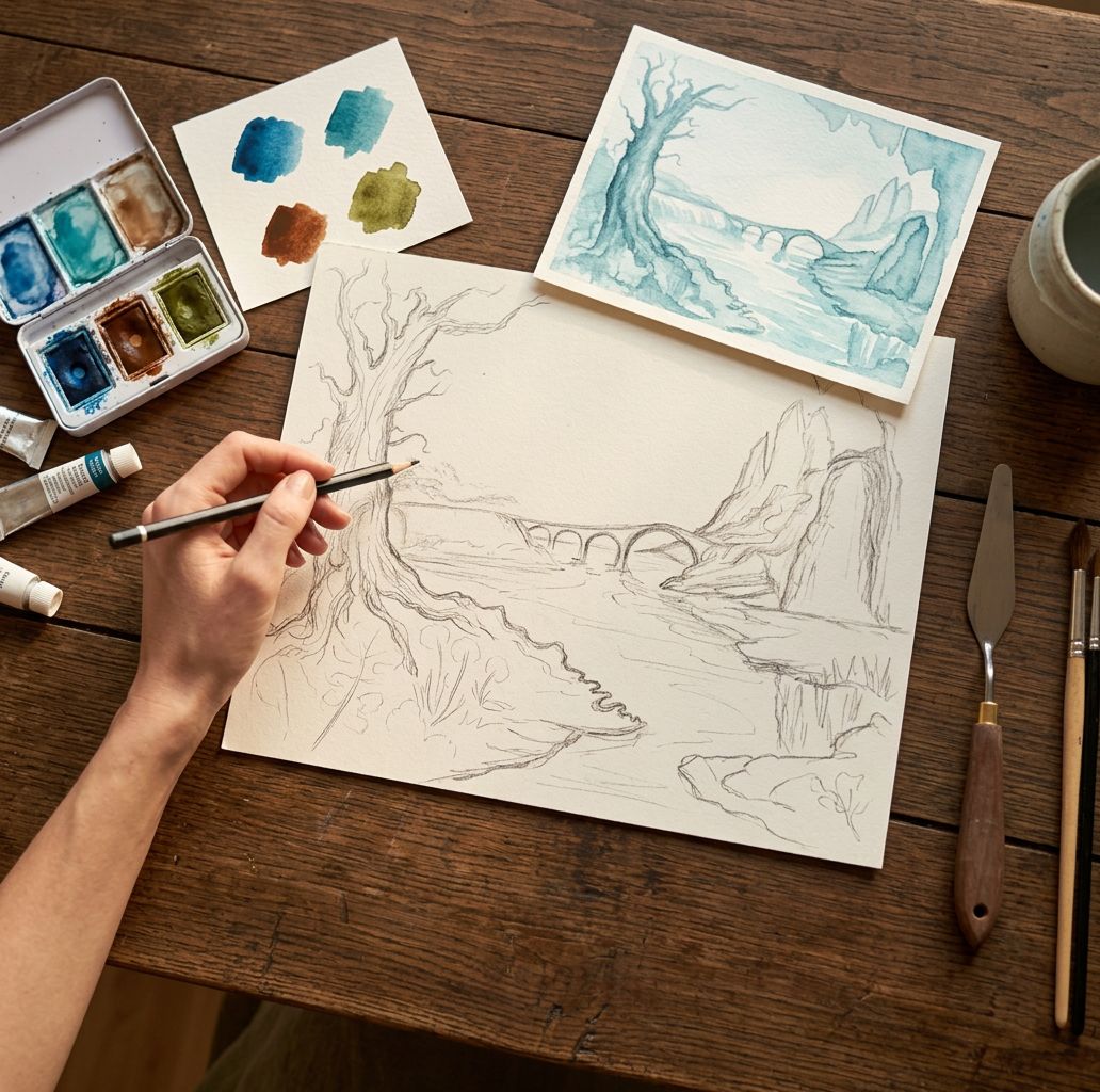 Bozzetto a matita di un albero sul fiume con un ponte ad archi, accanto a uno studio ad acquerello e ai campioni della palette di colori.
