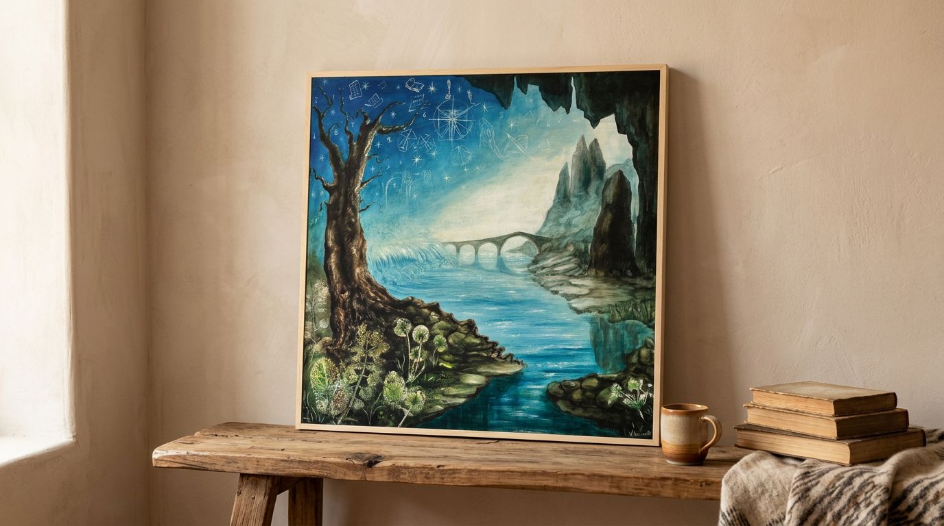 «Le radici del futuro» finito e incorniciato, appoggiato su una panca di legno in una stanza luminosa.