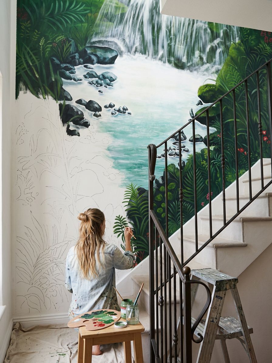 The painter at work on a waterfall-and-jungle mural along a stairwell, with the pounced outline still visible on the left.