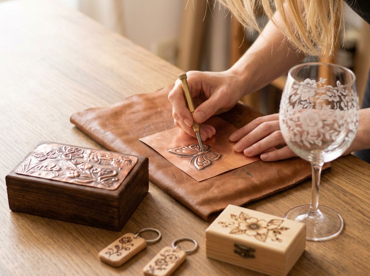 Hands embossing a butterfly into a copper sheet, surrounded by a box with an embossed copper lid, an engraved wine glass, and pyrographed wooden keyrings and a small box.
