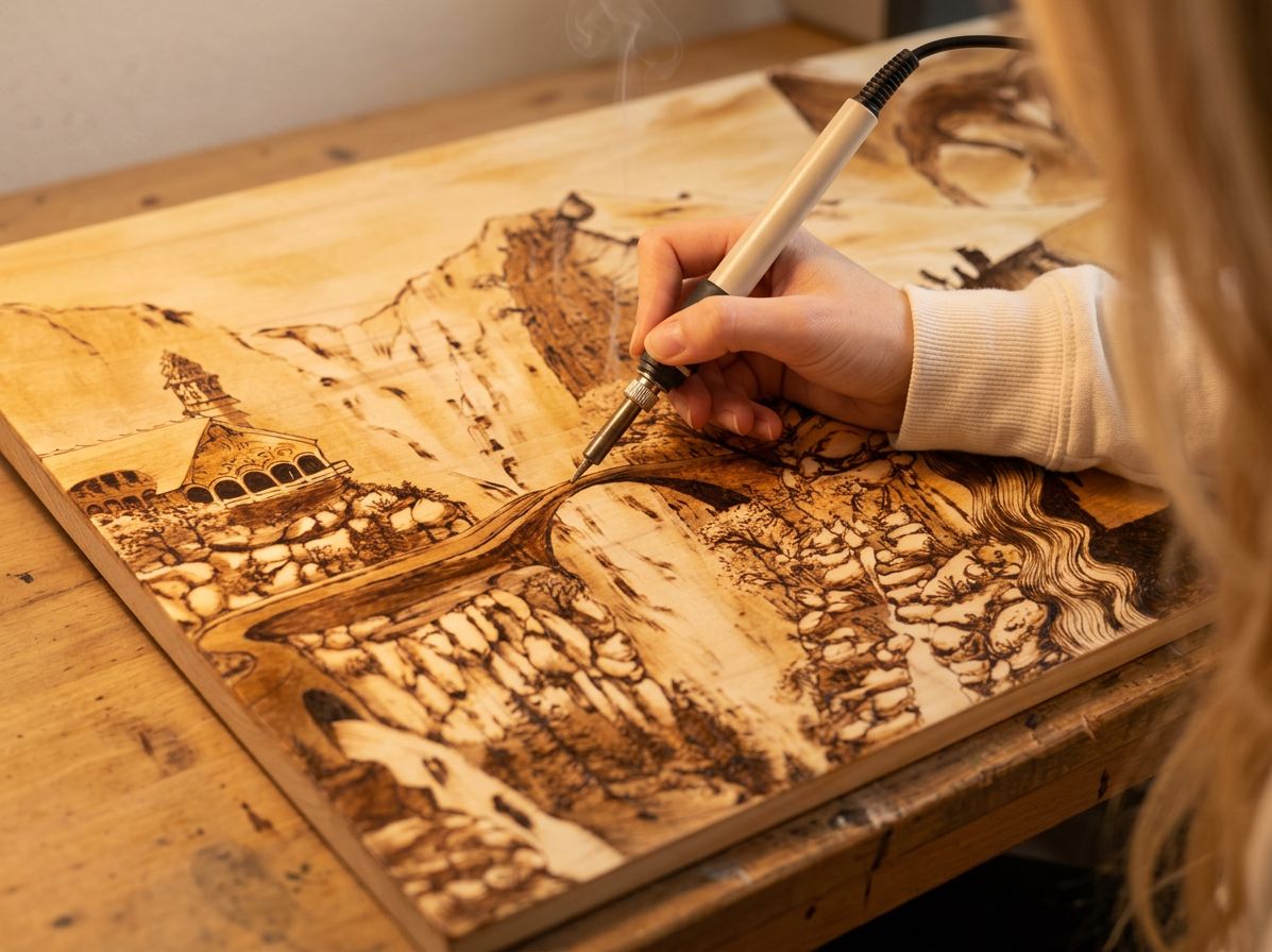 A hand burning “La compagnia dell'anello”, a landscape with a bridge and village, into a raw wooden panel with a pyrography pen.