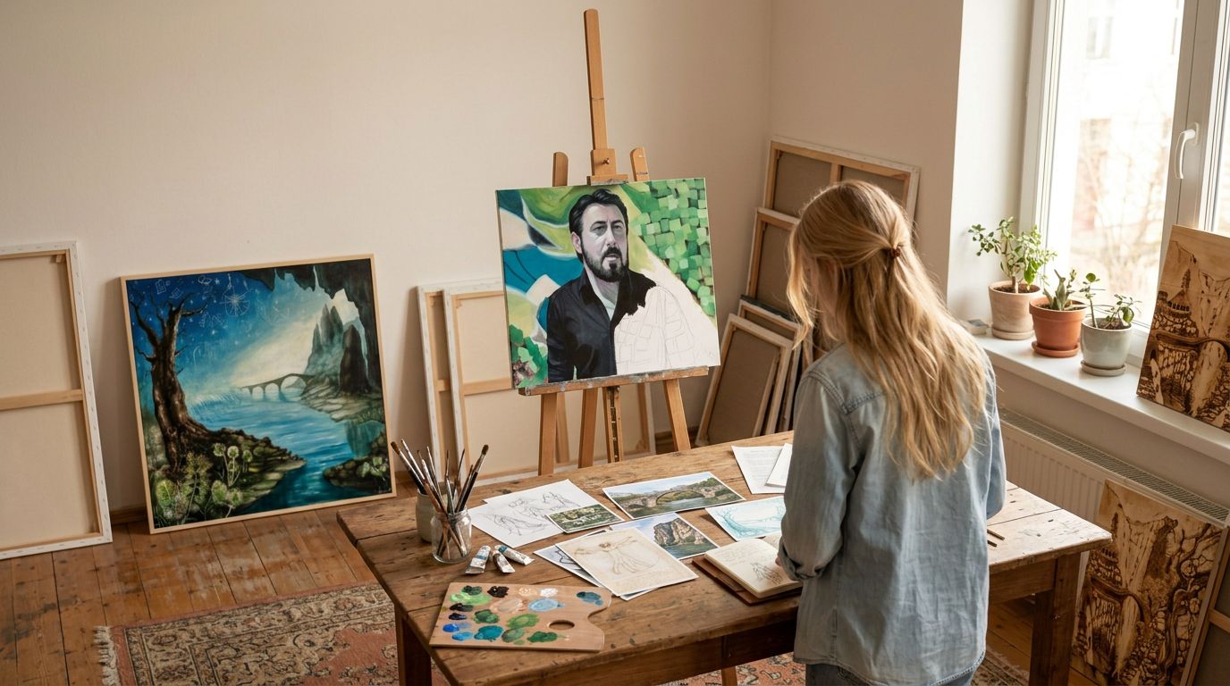 Valentina in her studio at a worktable covered in photos and sketches, with a portrait in progress on the easel and “The roots of the future” and pyrographs leaning against the walls.