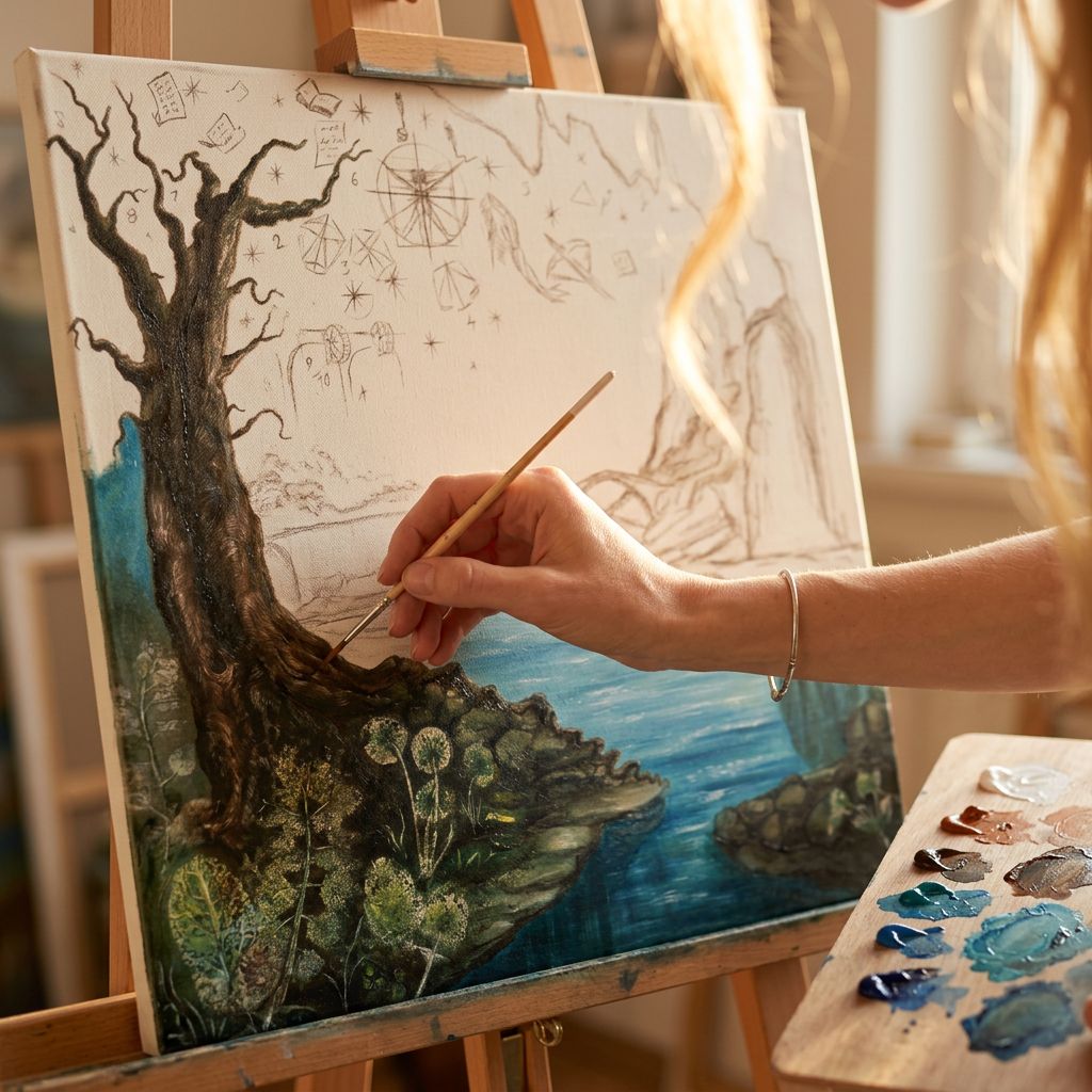 La pittrice dipinge a olio le radici dell'albero su una tela al cavalletto; la parte alta dell'opera è ancora solo disegnata.